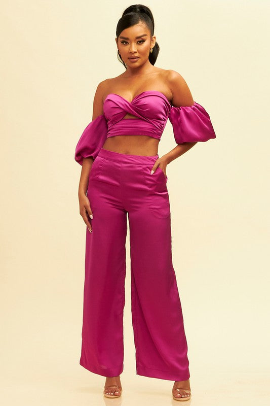 SET CONJUNTO SATIN MAGENTA TOP PALAZZO Chico