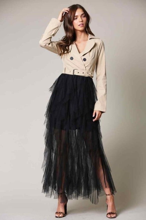 MAXI VESTIDO TULLE GABARDINA NUDE/NEGRO