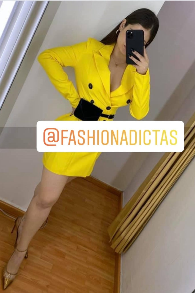 VESTIDO-BLAZZER AMARILLO RIÑONERA NEGRA