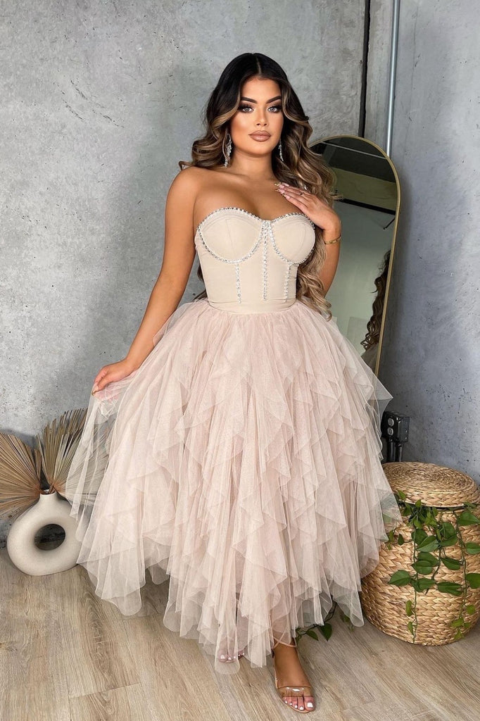 MAXI VESTIDO AITANA CRISTALES TULLE ROSA