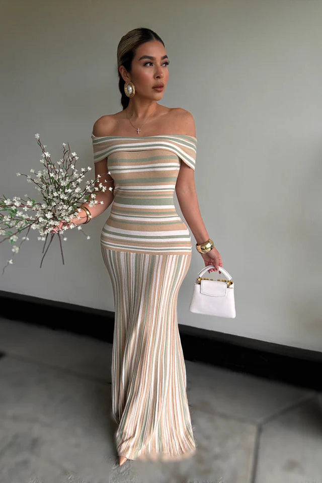 MAXI VESTIDO TEJIDO SEMIHOMBROS RAYADO