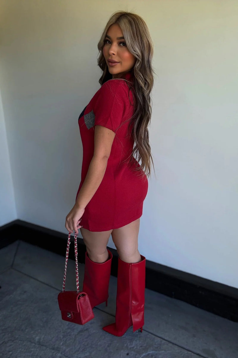 VESTIDO SUETER ROMBOS ROJO llega 16/DIC/25