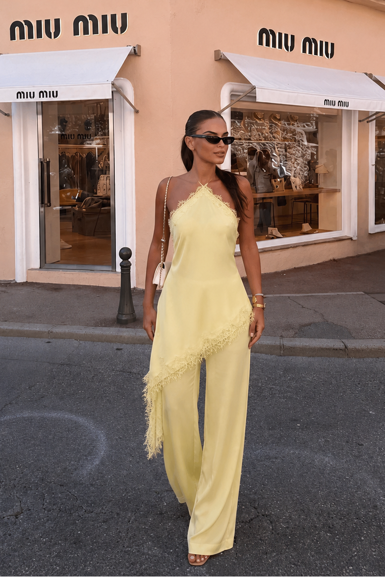 JUMPSUIT PALAZZO LENCERO SATIN ENCAJE AMARILLO