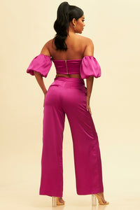 SET CONJUNTO SATIN MAGENTA TOP PALAZZO