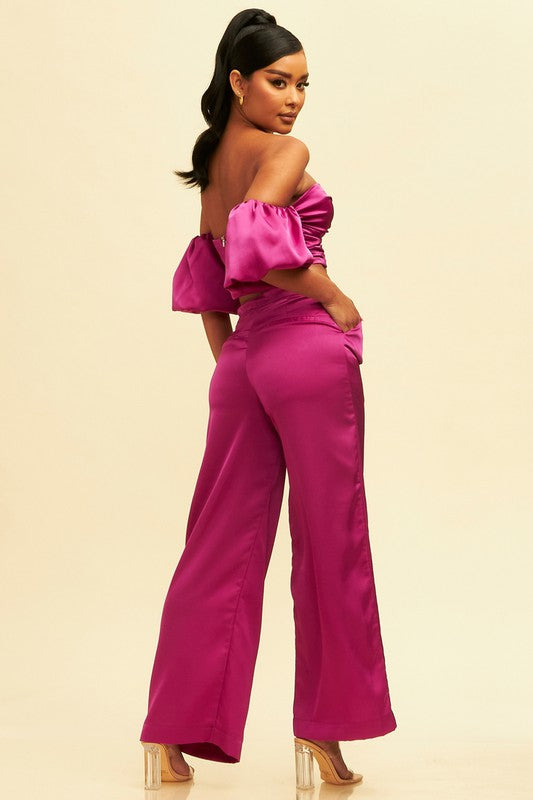 SET CONJUNTO SATIN MAGENTA TOP PALAZZO