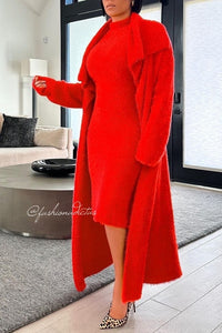 MAXI SET COZY ANGORA VESTIDO CARDIGAN ROJO