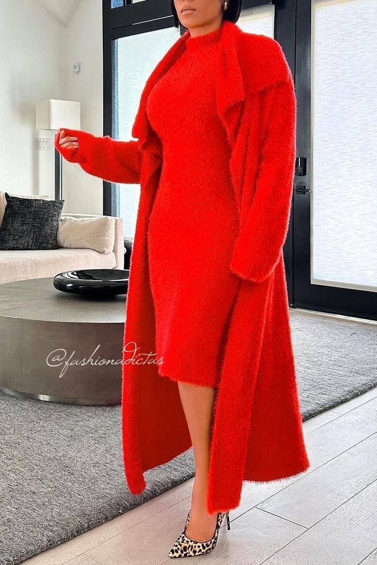 MAXI SET COZY ANGORA VESTIDO CARDIGAN ROJO