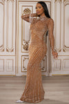 MAXI VESTIDO GLAM NUDE CRISTALES PERLAS LARGO