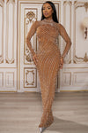 MAXI VESTIDO GLAM NUDE CRISTALES PERLAS LARGO