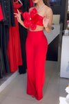 SET TRAJE FLOR TOP CRISTALES ROJO