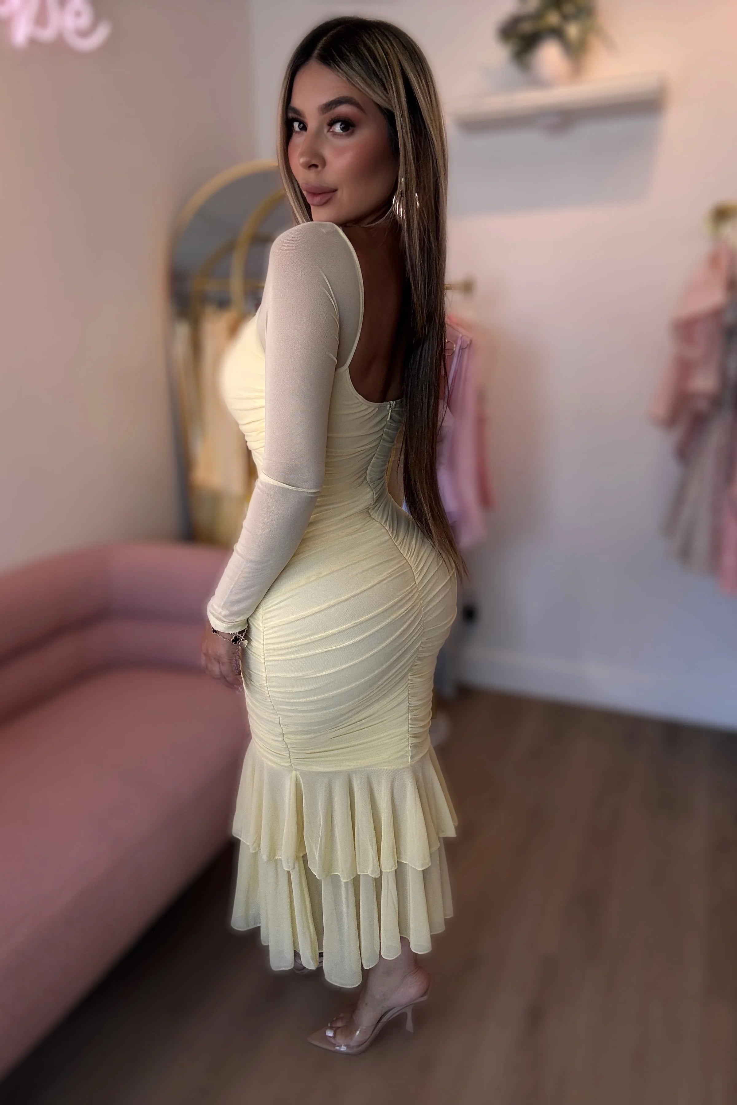 VESTIDO MESH DRAPEADO CANARIO