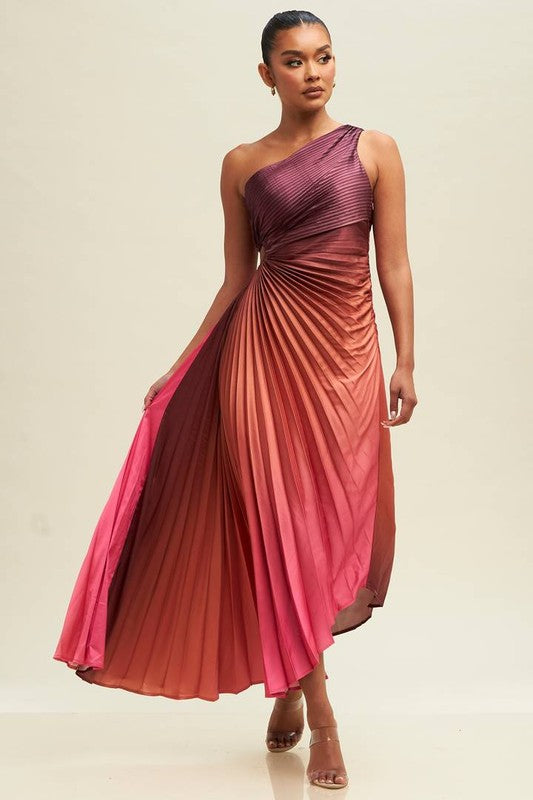 MAXI VESTIDO SERENA DEGRADADO CORAL ASIMETRICO PLISADO