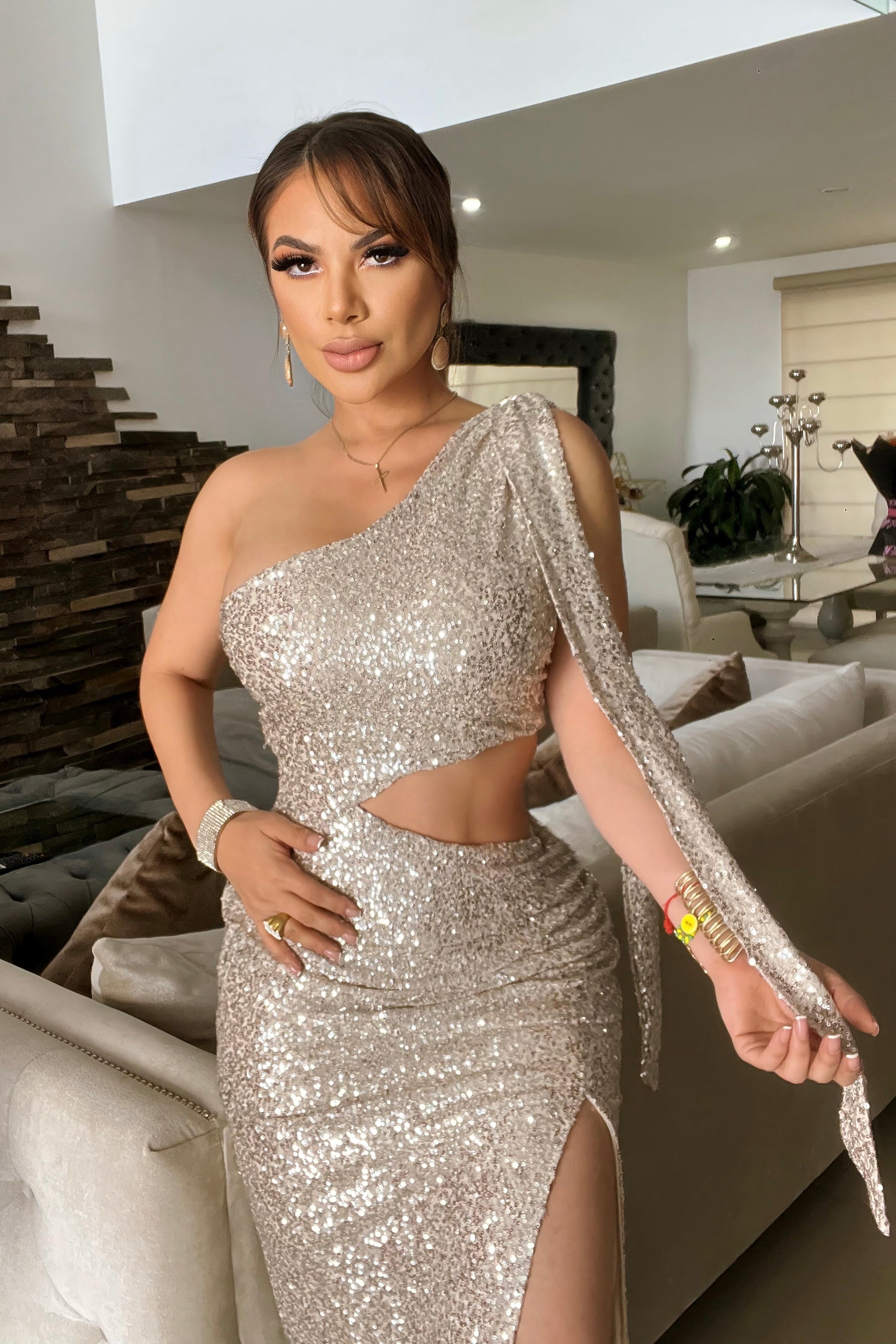 MAXI VESTIDO IRIA MOÑO LENTEJUELAS SILVER