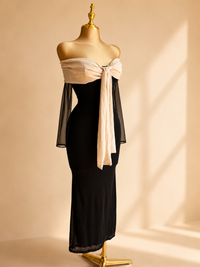 VESTIDO BOW MIDI MESH NEGRO/BEIGE