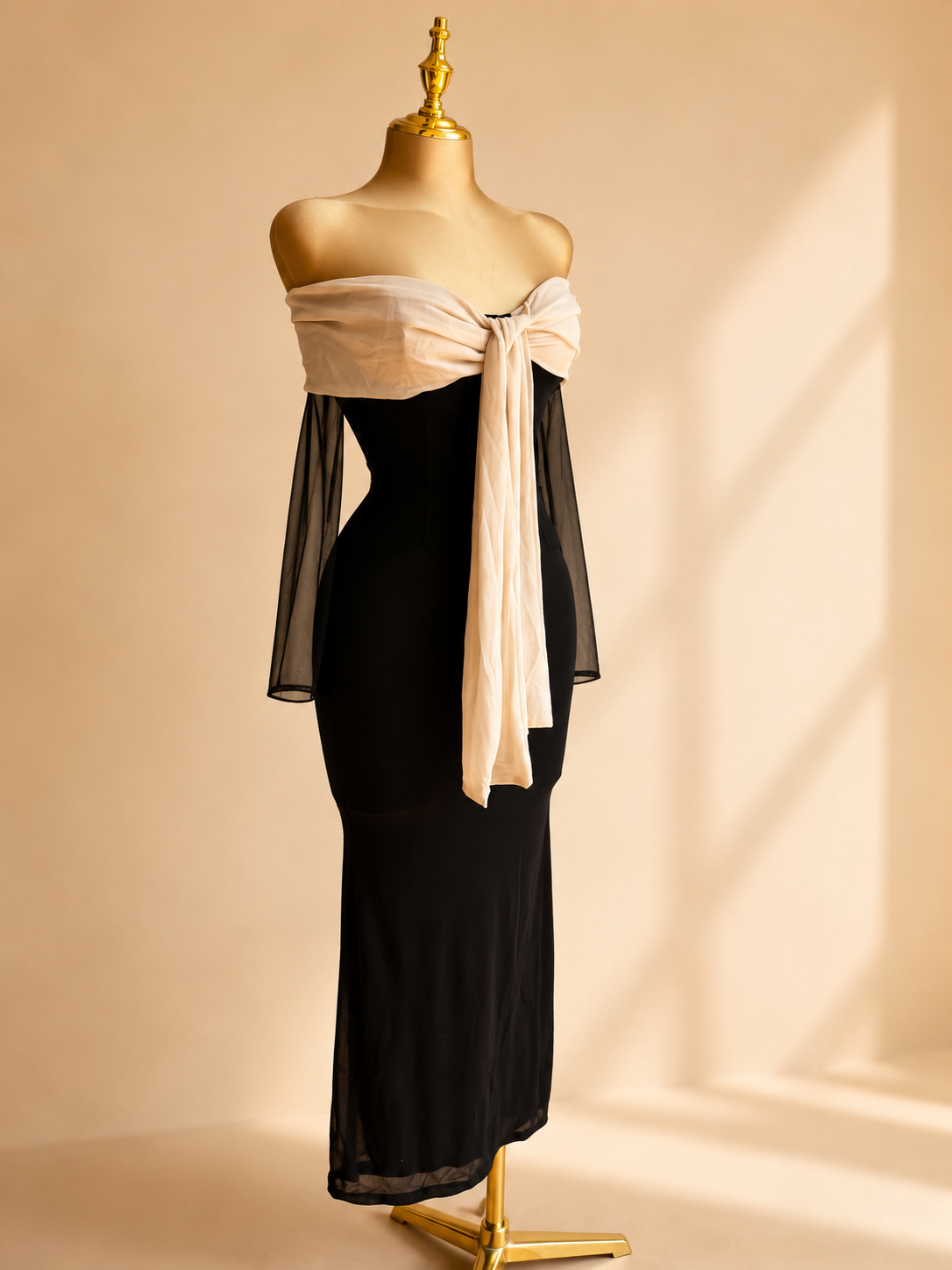 VESTIDO BOW MIDI MESH NEGRO/BEIGE