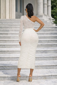 VESTIDO BLANCO ENCAJE DRAPEADO