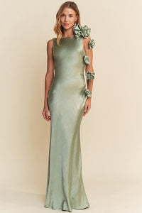 MAXI VESTIDO DAMA ROSAS SATIN SALVIA