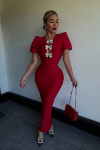 MAXI VESTIDO BANDAGE MOÑOS ROJO