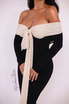 VESTIDO BOW MIDI MESH NEGRO/BEIGE