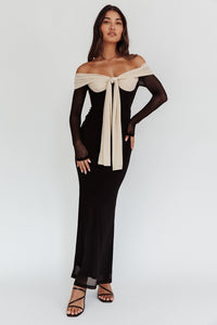 VESTIDO BOW MIDI MESH NEGRO/BEIGE
