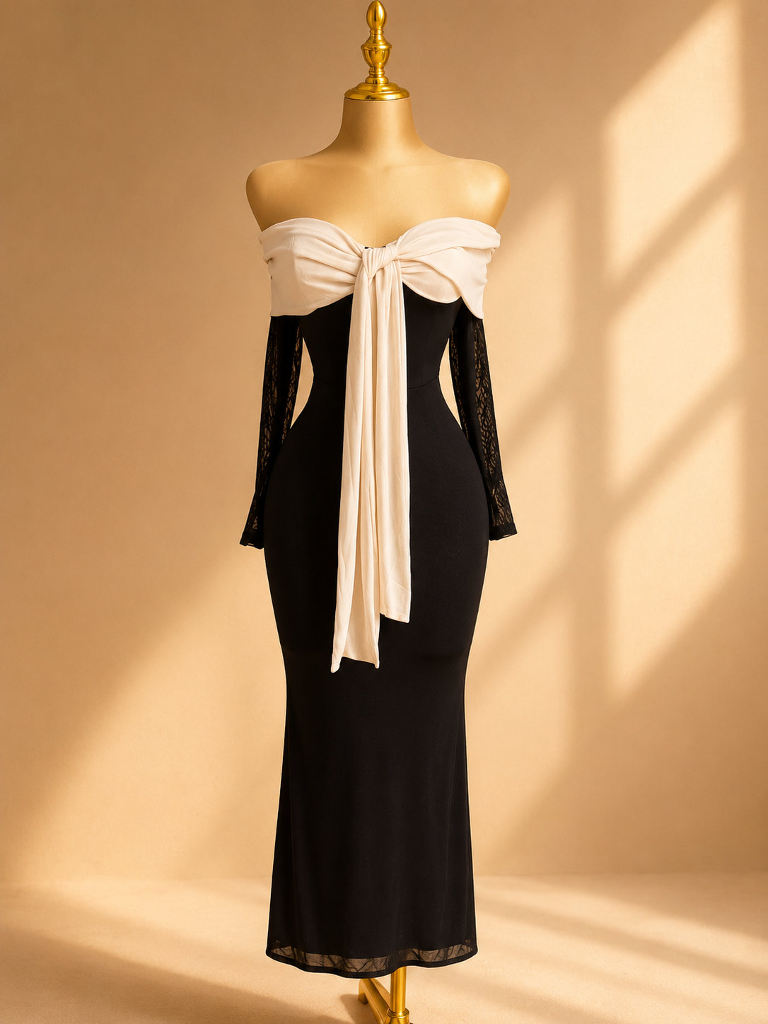 VESTIDO BOW MIDI MESH NEGRO/BEIGE