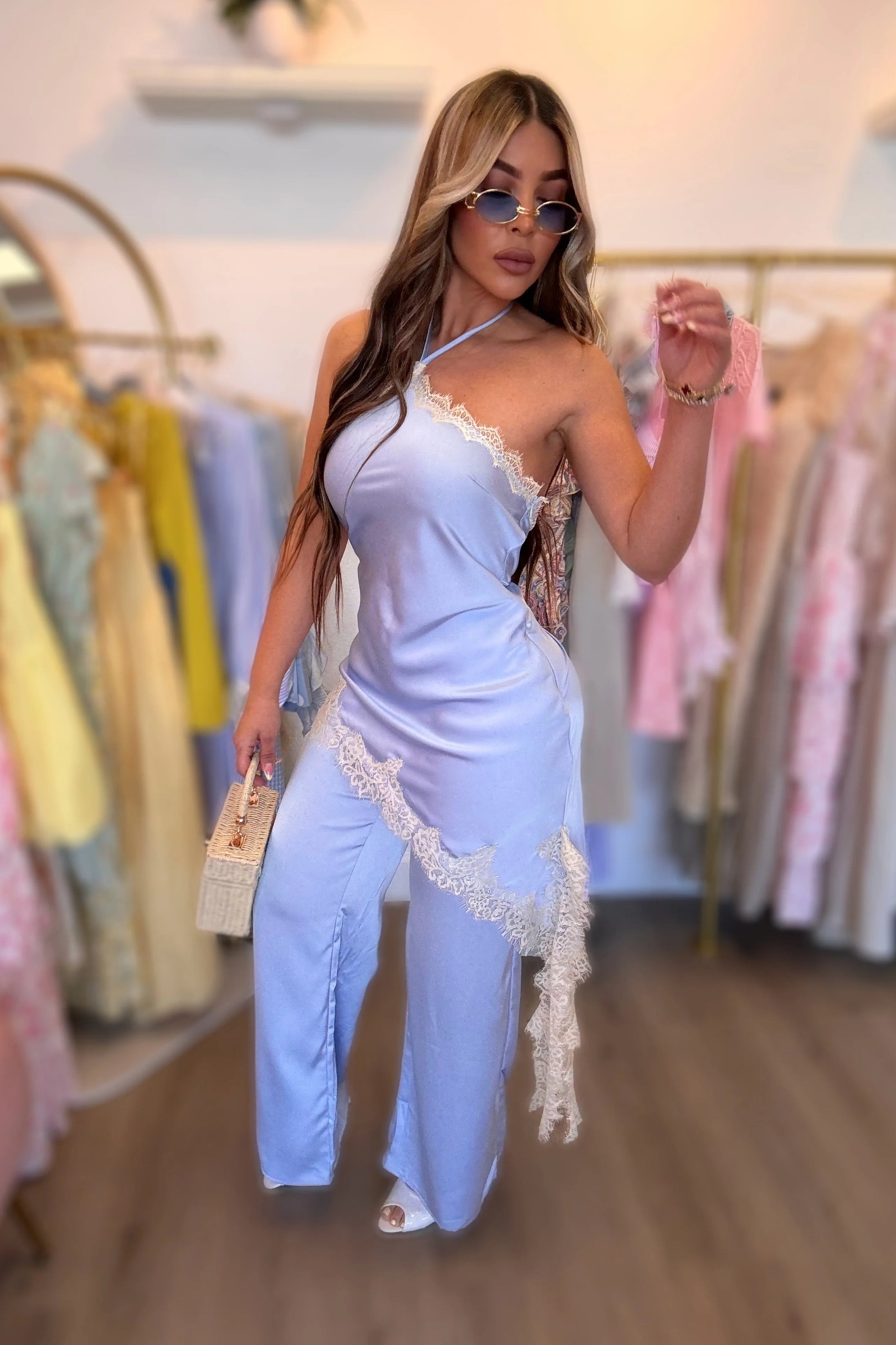 JUMPSUIT PALAZZO LENCERO SATIN ENCAJE AZUL