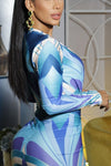 VESTIDO DRAPEADO GEOMETRICO AZUL
