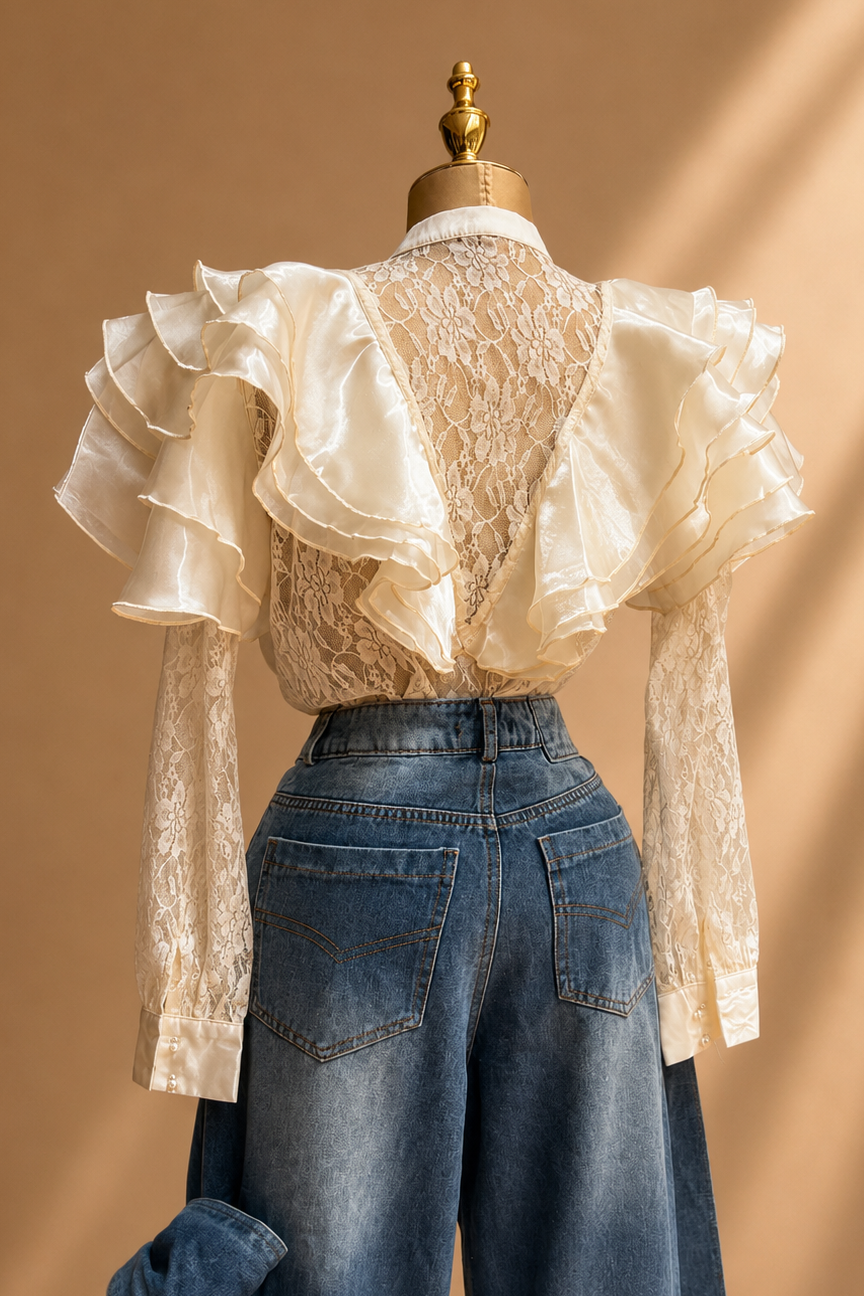 BLUSA VOLANTES ENCAJE CREMA