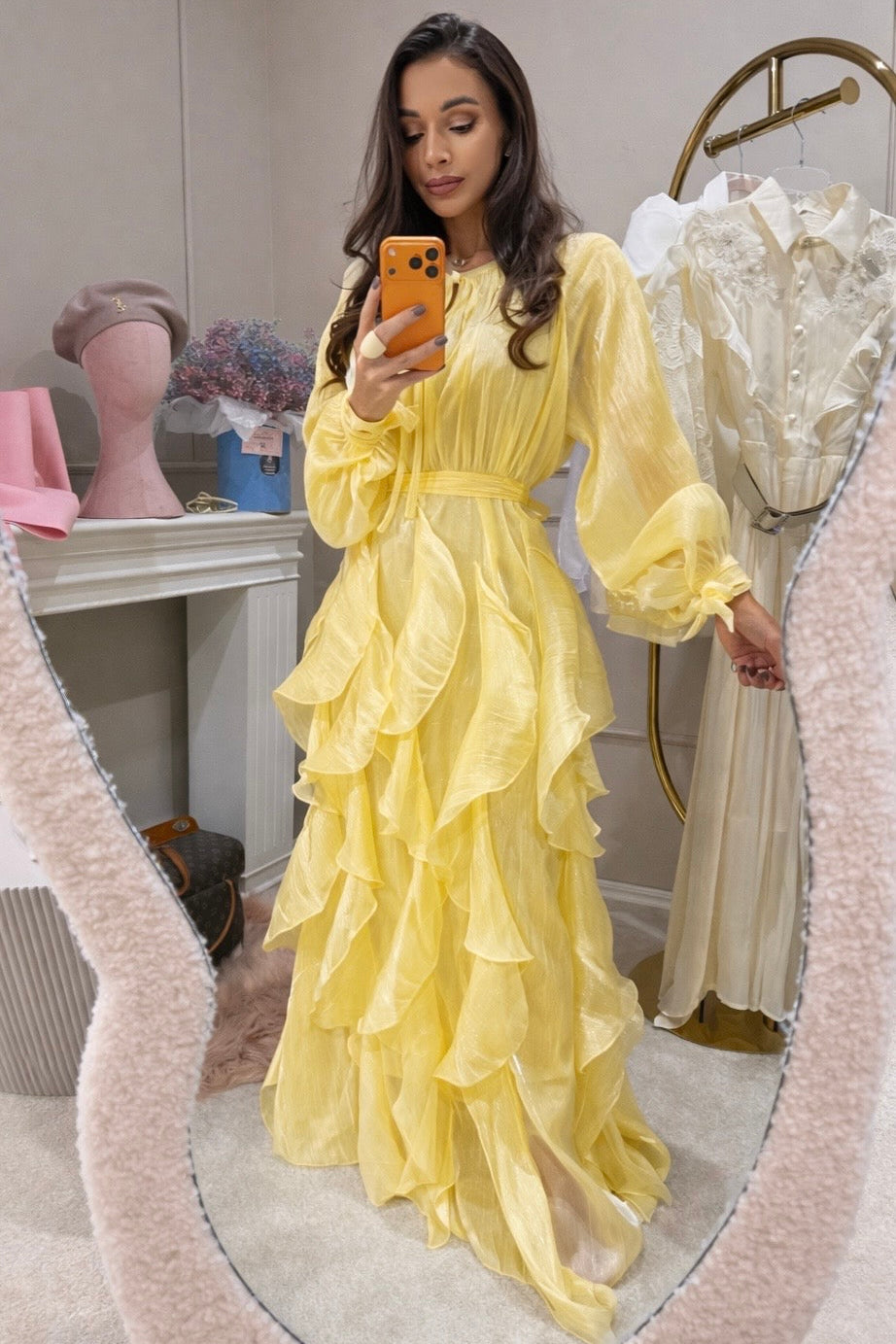 MAXI VESTIDO ONDULADO PARIS ORGANZA AMARILLO