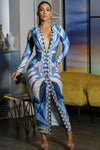 VESTIDO DRAPEADO GEOMETRICO AZUL