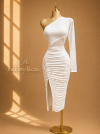 VESTIDO BLANCO ENCAJE DRAPEADO