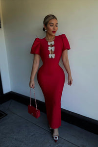 MAXI VESTIDO BANDAGE MOÑOS ROJO