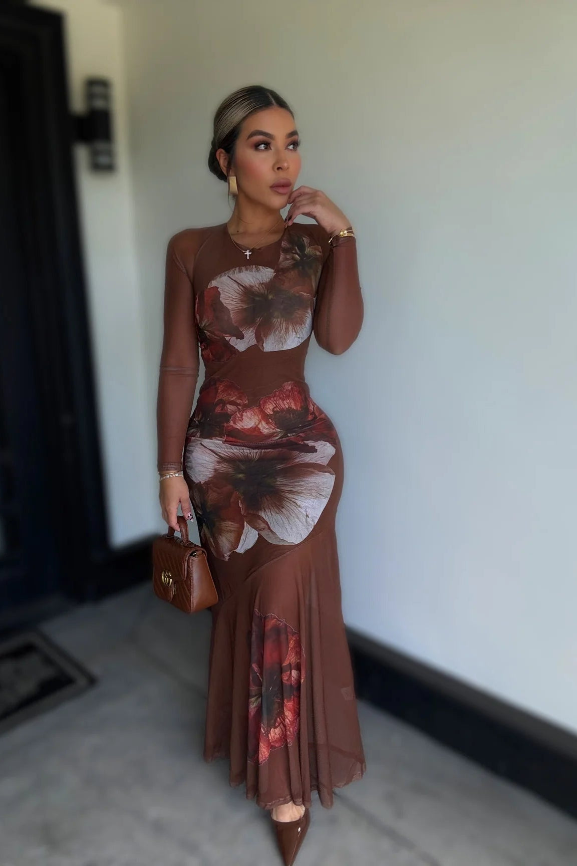 VESTIDO MESH FLORAL CAFE