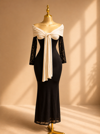 VESTIDO BOW MIDI MESH NEGRO/BEIGE