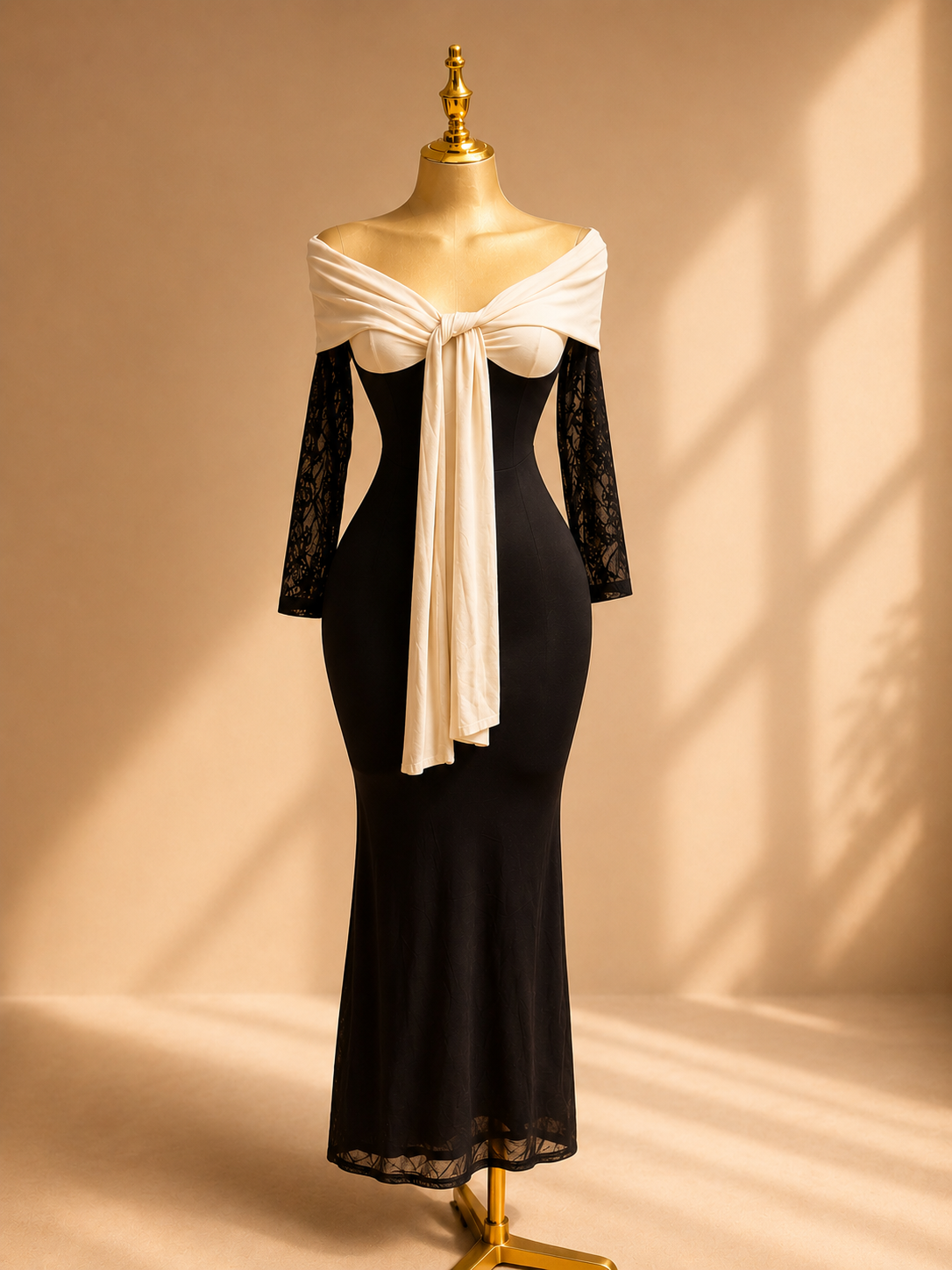 VESTIDO BOW MIDI MESH NEGRO/BEIGE