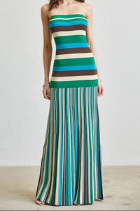 MAXI VESTIDO TEJIDO STRAPLESS RAYADO
