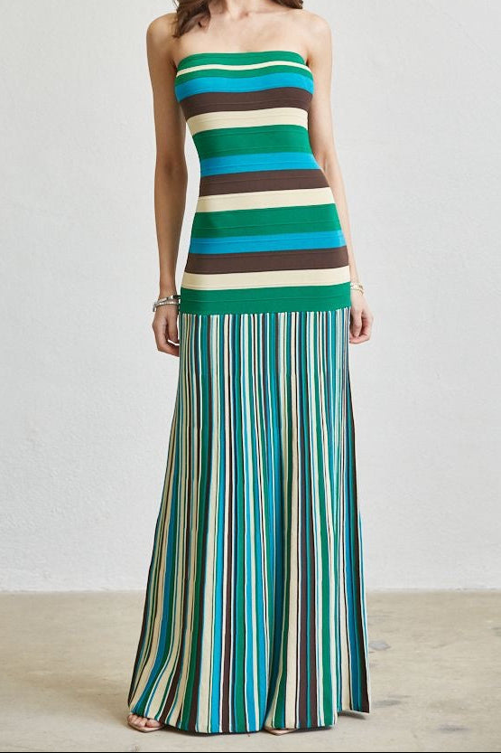 MAXI VESTIDO TEJIDO STRAPLESS RAYADO