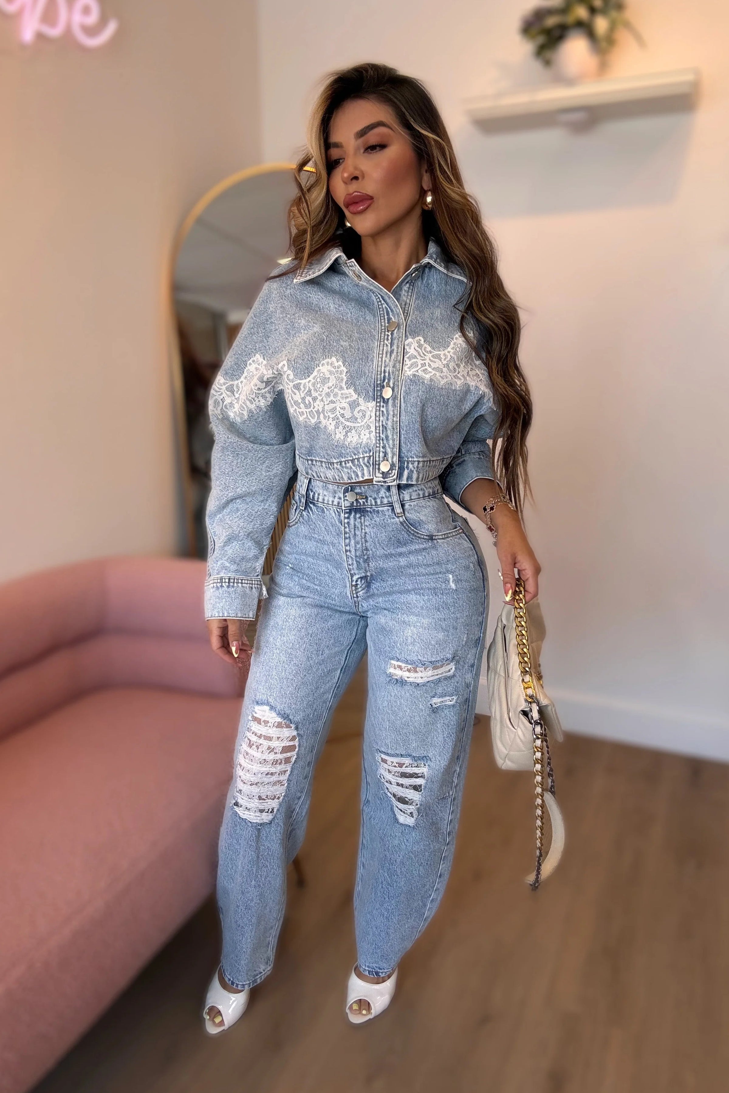 SET CHAMARRA PANTALON ENCAJE