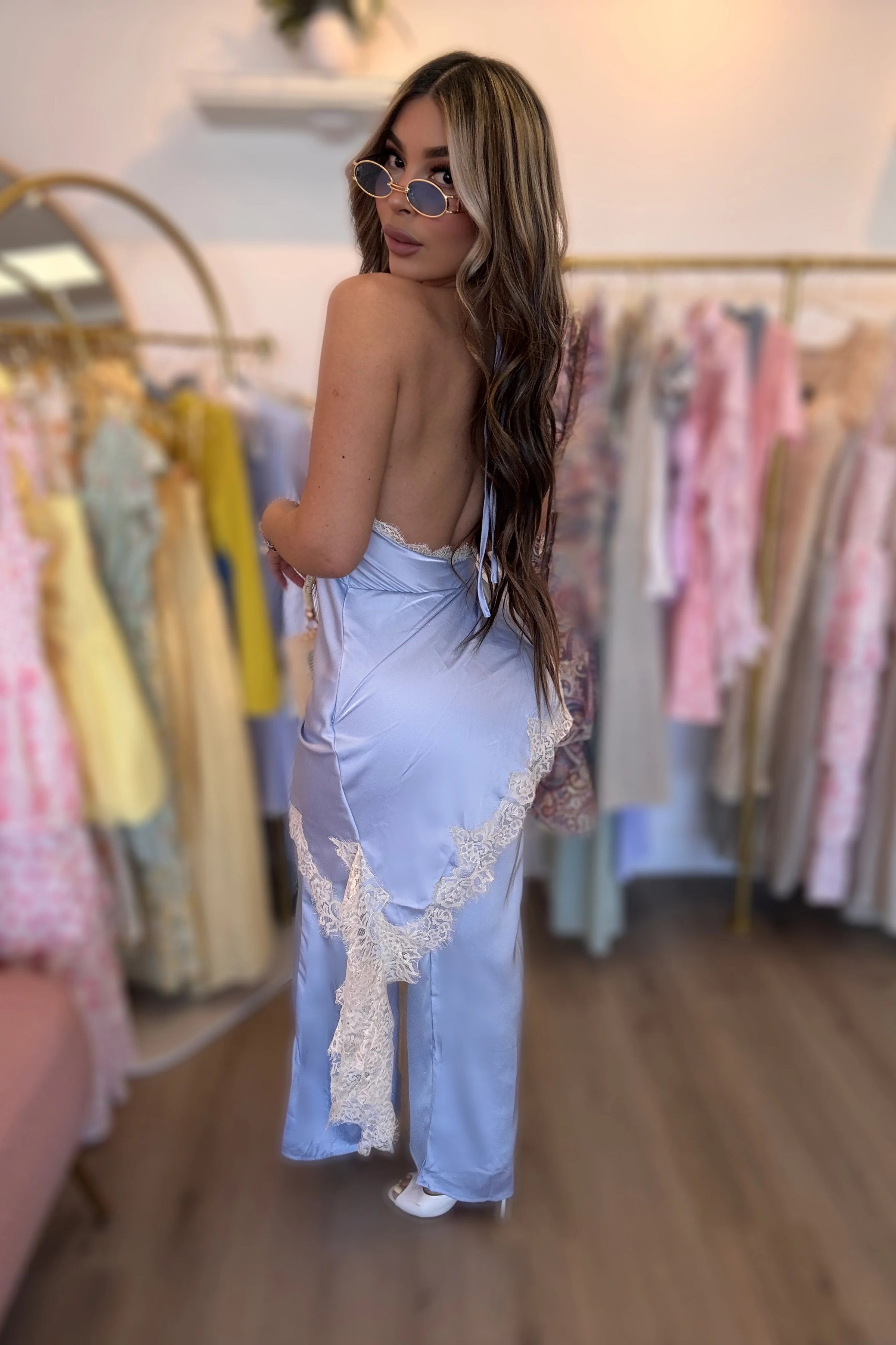 JUMPSUIT PALAZZO LENCERO SATIN ENCAJE AZUL