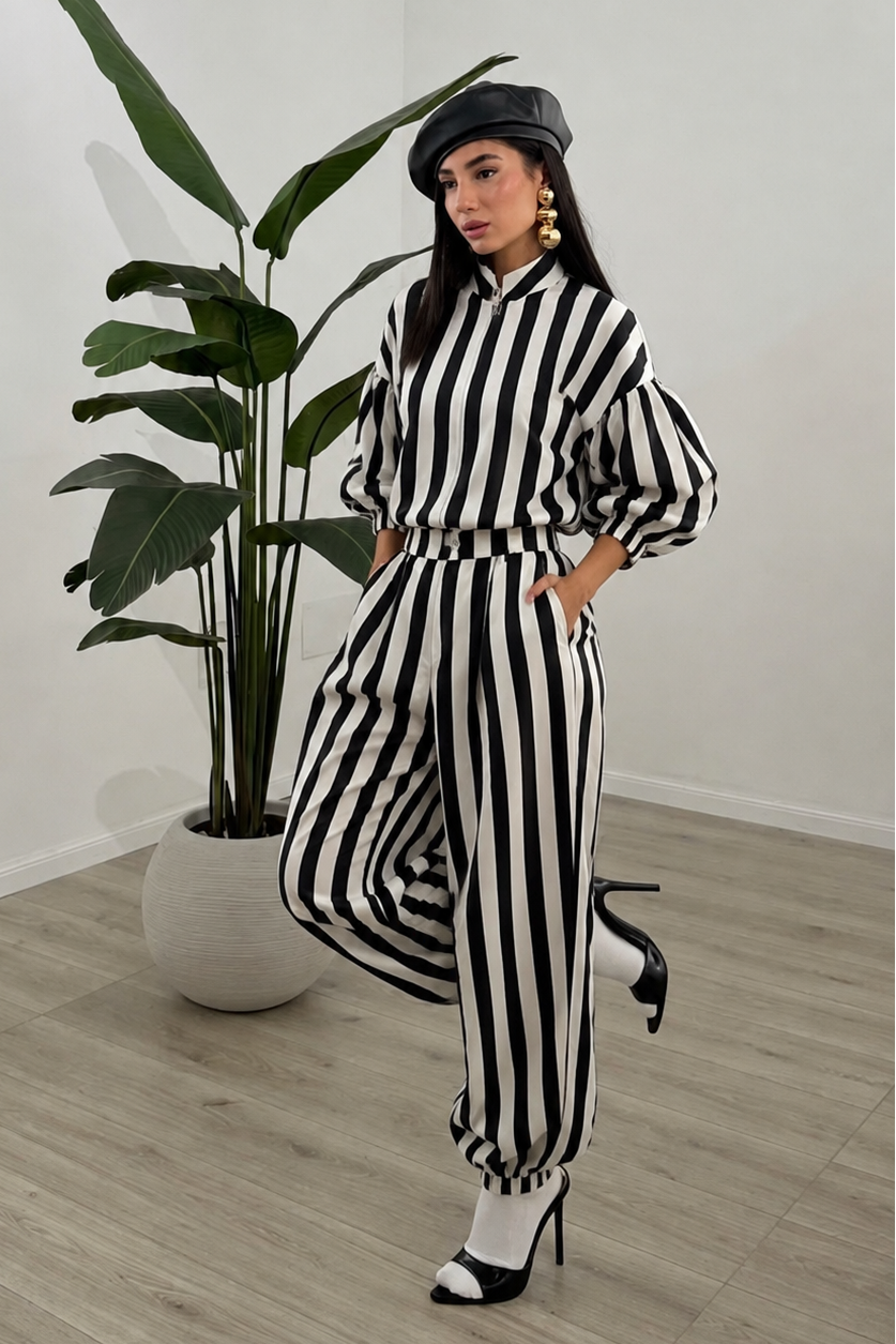 CONJUNTO PANTALON TORERA RAYAS NEGRO/BLANCO