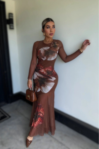 VESTIDO MESH FLORAL CAFE