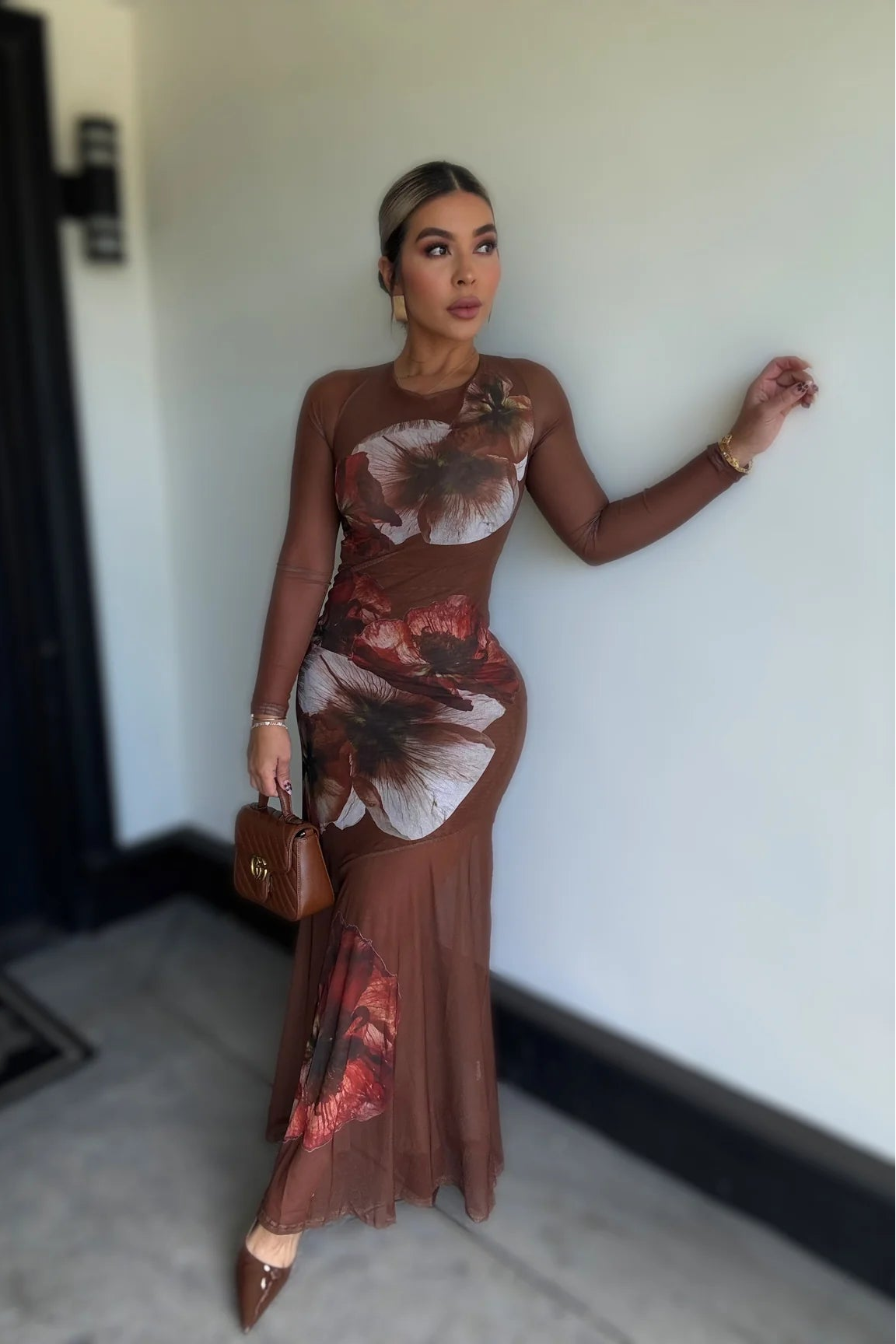 VESTIDO MESH FLORAL CAFE