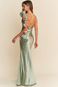 MAXI VESTIDO DAMA ROSAS SATIN SALVIA