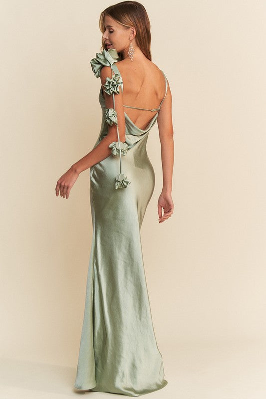 MAXI VESTIDO DAMA ROSAS SATIN SALVIA