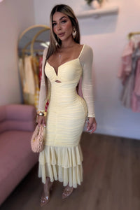 VESTIDO MESH DRAPEADO CANARIO