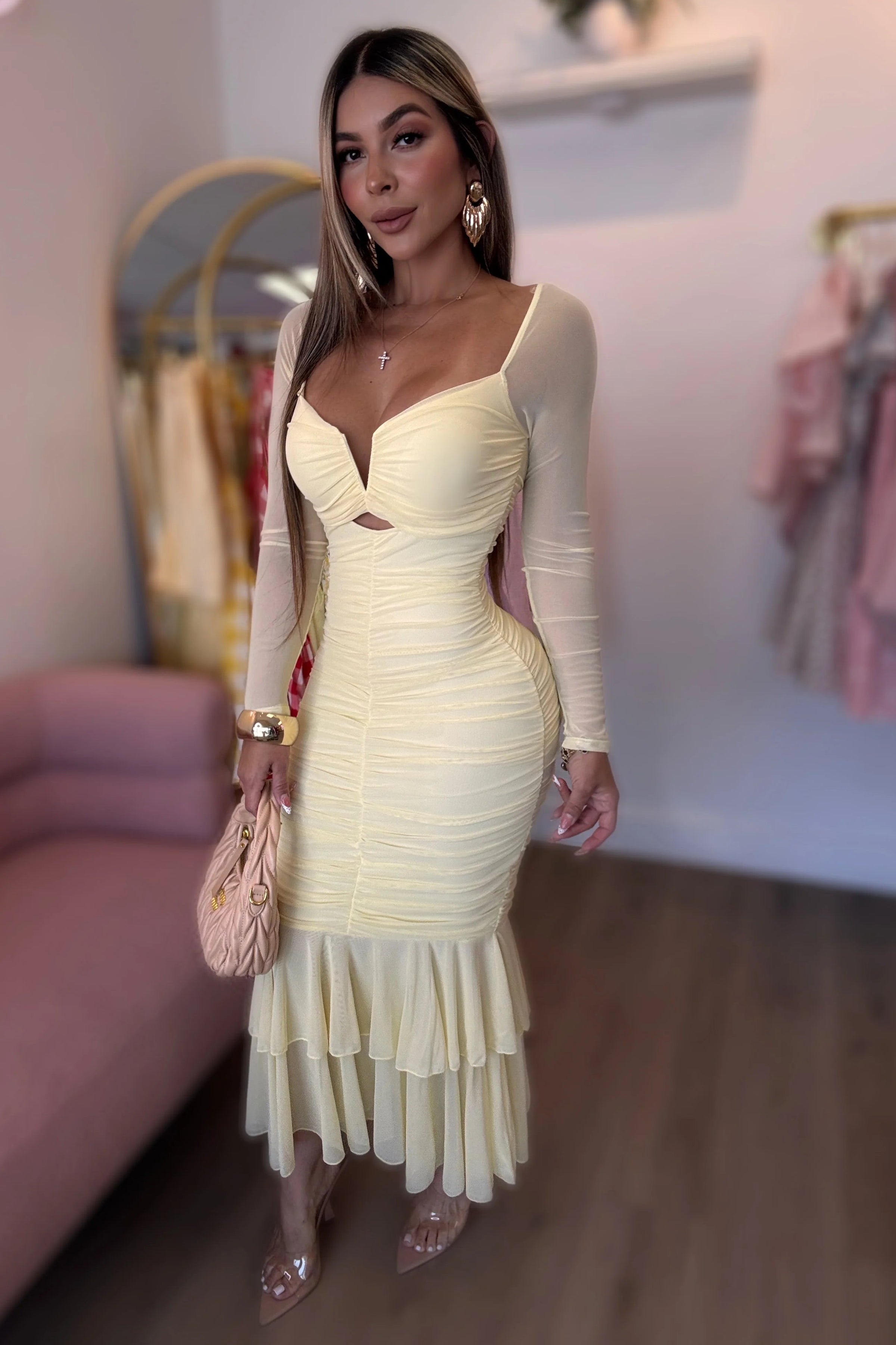 VESTIDO MESH DRAPEADO CANARIO