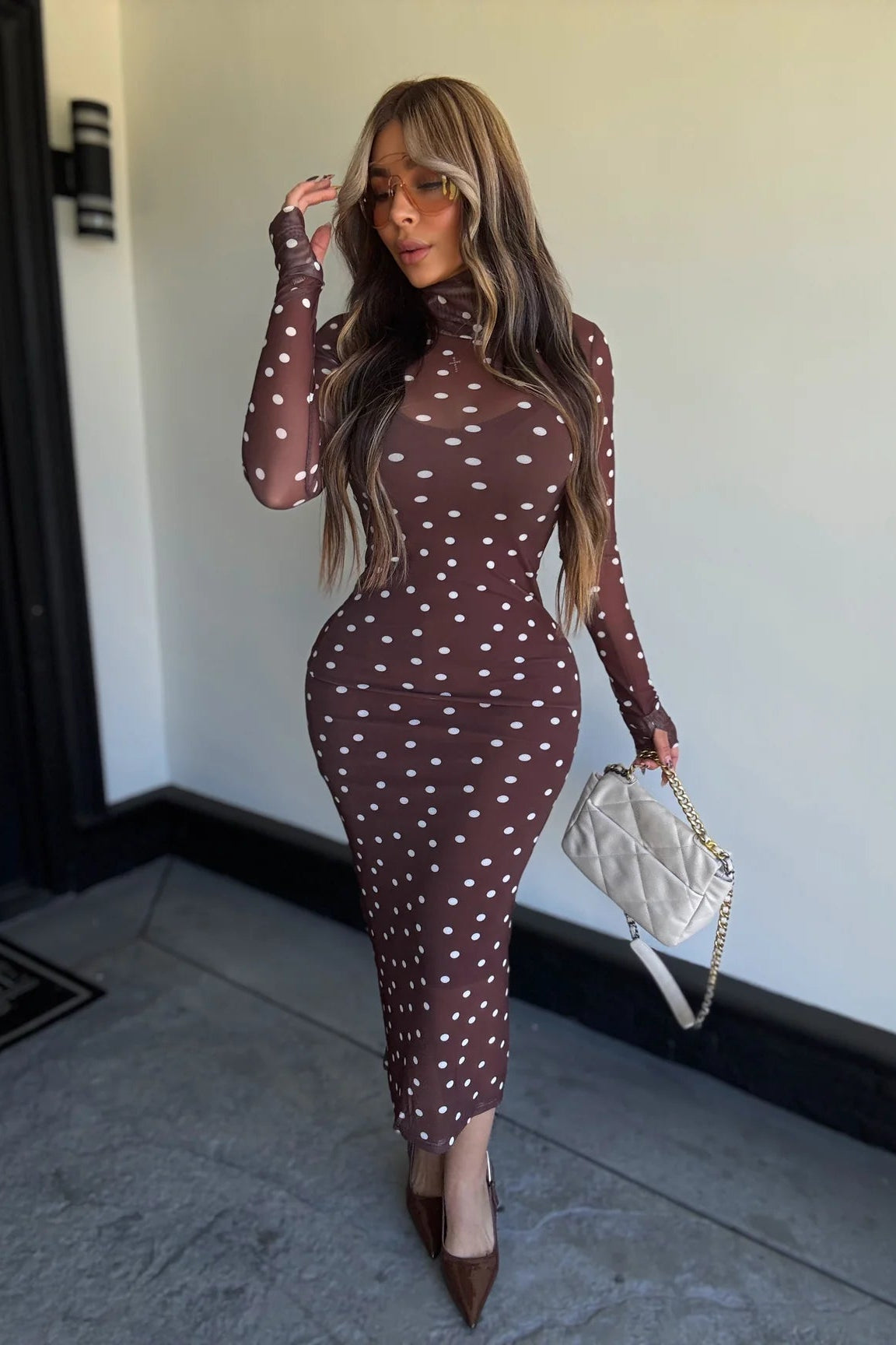 VESTIDO DOTS CAFE MESH