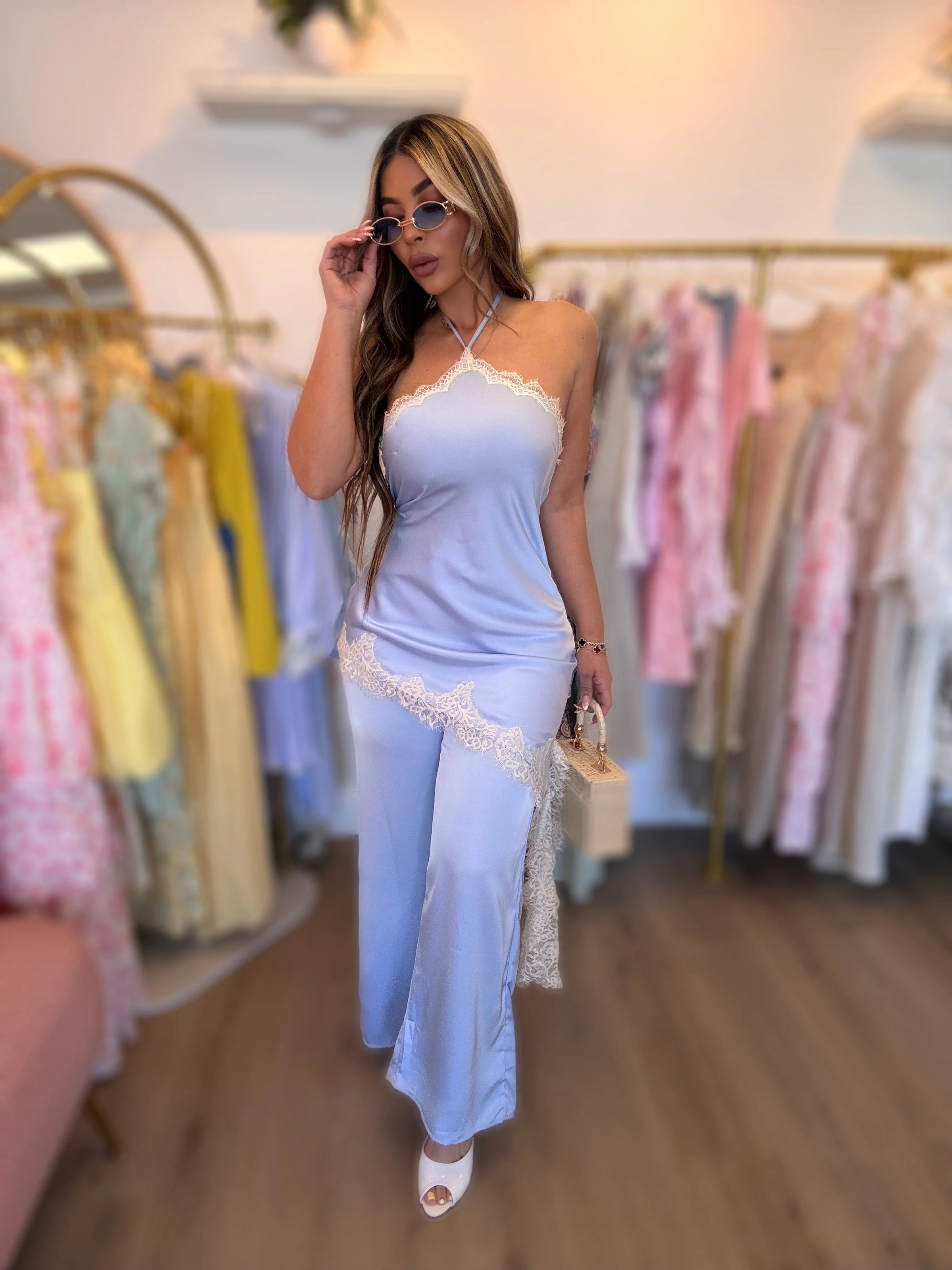 JUMPSUIT PALAZZO LENCERO SATIN ENCAJE AZUL