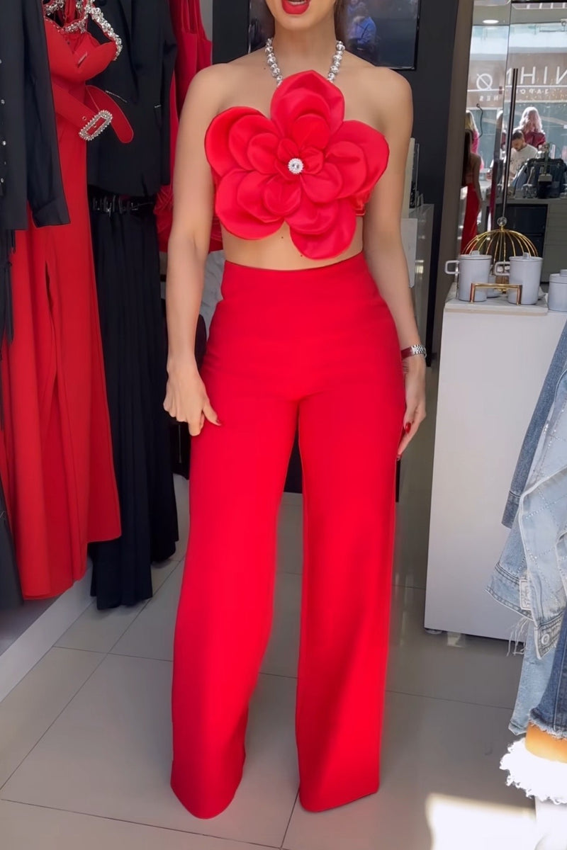 SET TRAJE FLOR TOP CRISTALES ROJO