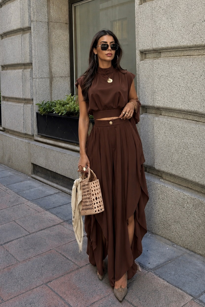 CONJUNTO AISHA PANTALON TOP CHOCOLATE